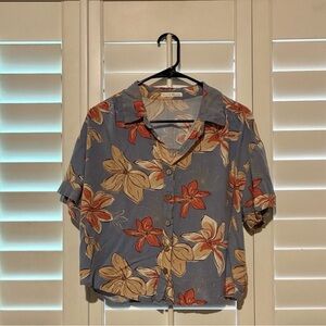 Floral Button-Up Blouse - Blue and Orange